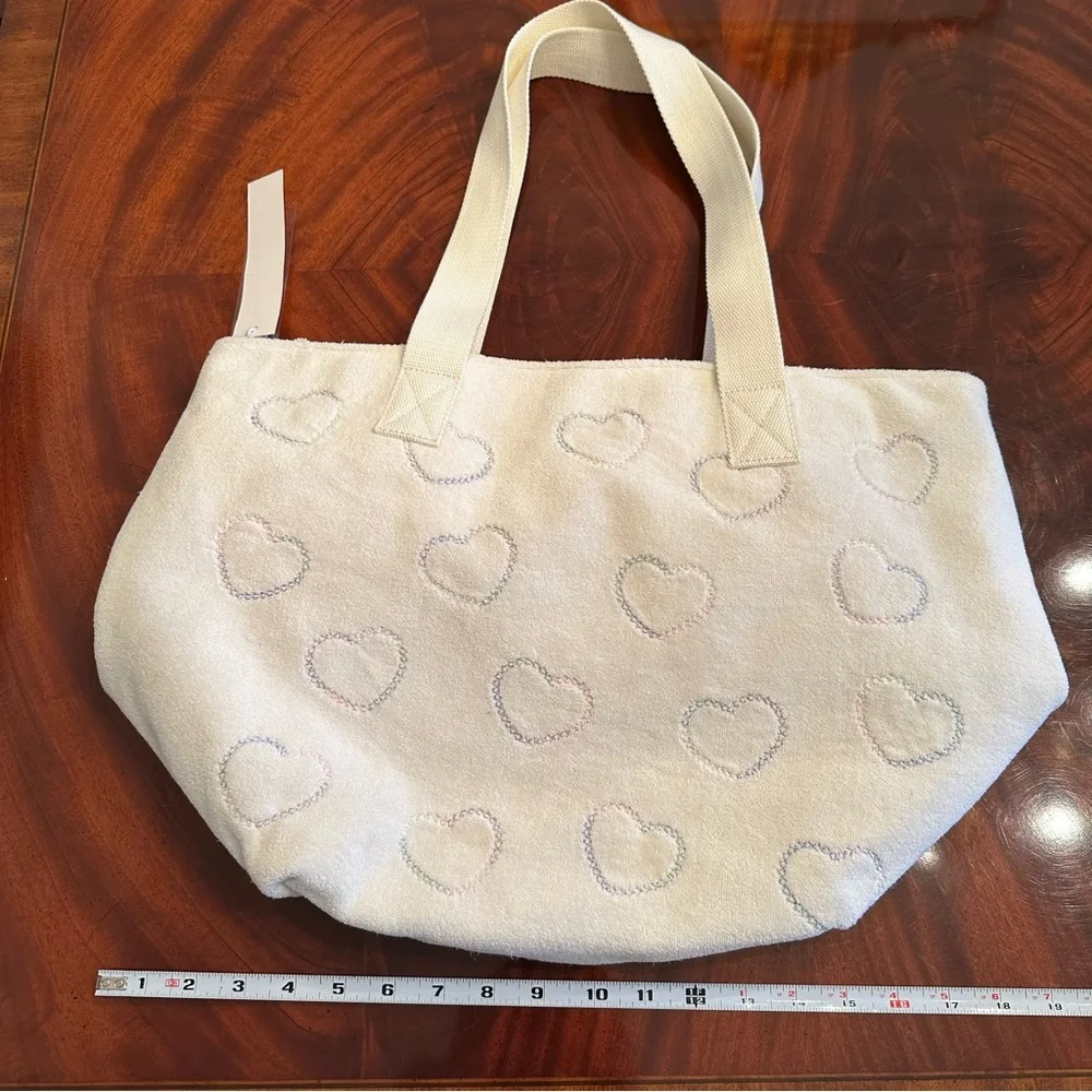 NWT Stoney Clover Lane Hearts Embroidered Terry Zip Top Tote Seashell
